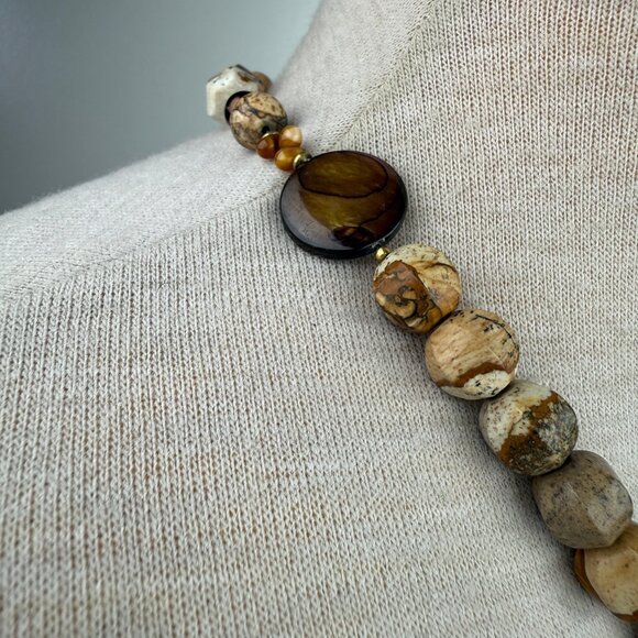 Chunky Jasper Stone MOP Beaded Necklace 22.75" - Picture 5 of 8